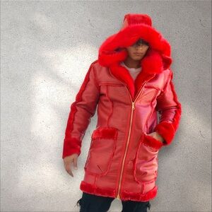 Men’s Manzini Red Crocodile Print Vegan Leather & Faux Fur Hooded Jacket